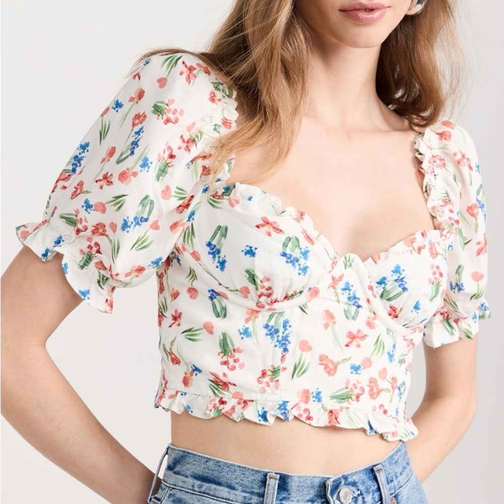 ASTR the Label - Floral Puff Sleeve Crop Underwire Cups Feronia Top